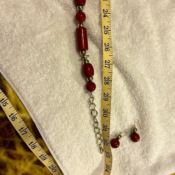 Heavy Silver & Deep Maroonish-Red Necklace & Earrings Set - Picture 2 of 5
